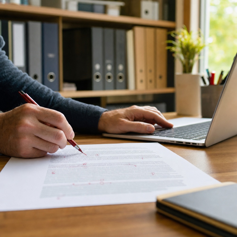 A hand marking corrections on a printed draft beside a laptop