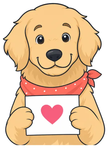 The Donor Thank-you Writer, a cartoon golden retriever holding a thank-you card