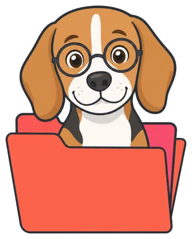 The File Finder, a cartoon beagle in reading glasses with a file folder