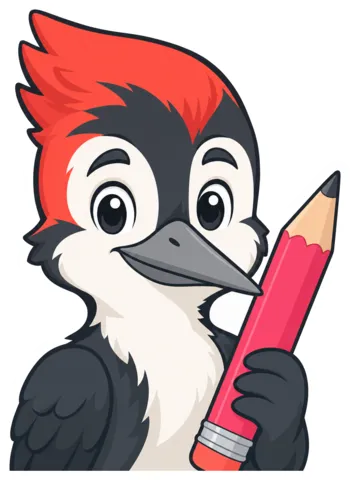The Follow-up Writer, a cartoon woodpecker with a pencil