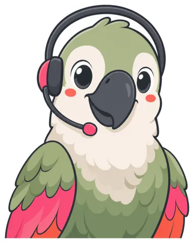 The Front Desk Answerer, a cartoon parrot wearing a phone headset