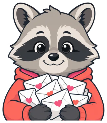 The Inbox Sorter, a cartoon raccoon with an armful of envelopes