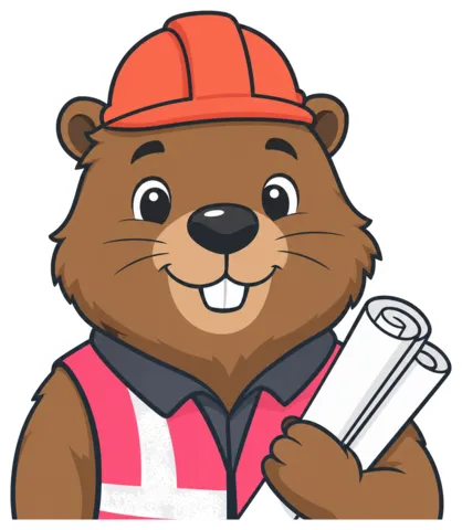 The Job File Builder, a cartoon beaver with rolled blueprints