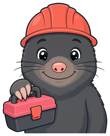The Maintenance Intake Clerk, a cartoon mole in a hard hat with a toolbox