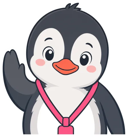 The New Hire Guide, a cartoon penguin in a welcome lanyard, waving