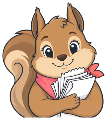 The Receipt Catcher, a cartoon squirrel hugging a stack of receipts
