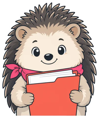 The Referral Record Clerk, a cartoon hedgehog with a folder of forms