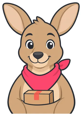 The Return Packet Clerk, a cartoon kangaroo with a parcel in its pouch