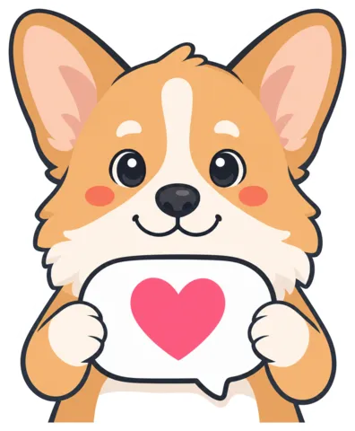 The Review Asker, a cartoon corgi holding a speech bubble with a heart
