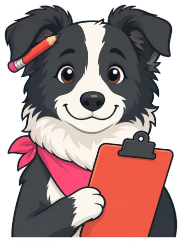 The Schedule Keeper, a cartoon border collie with a clipboard and pencil