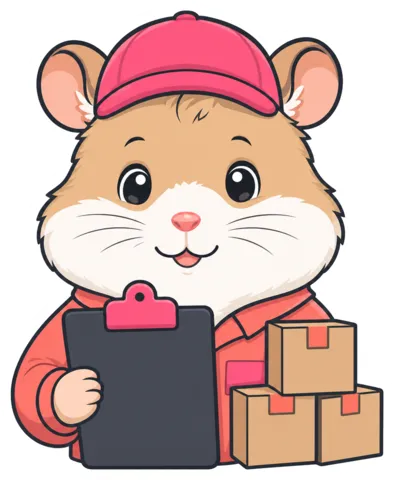 The Stock Lookup Clerk, a cartoon hamster with a clipboard and boxes