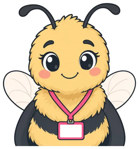 The Volunteer Shift Keeper, a cartoon bumblebee wearing a lanyard badge