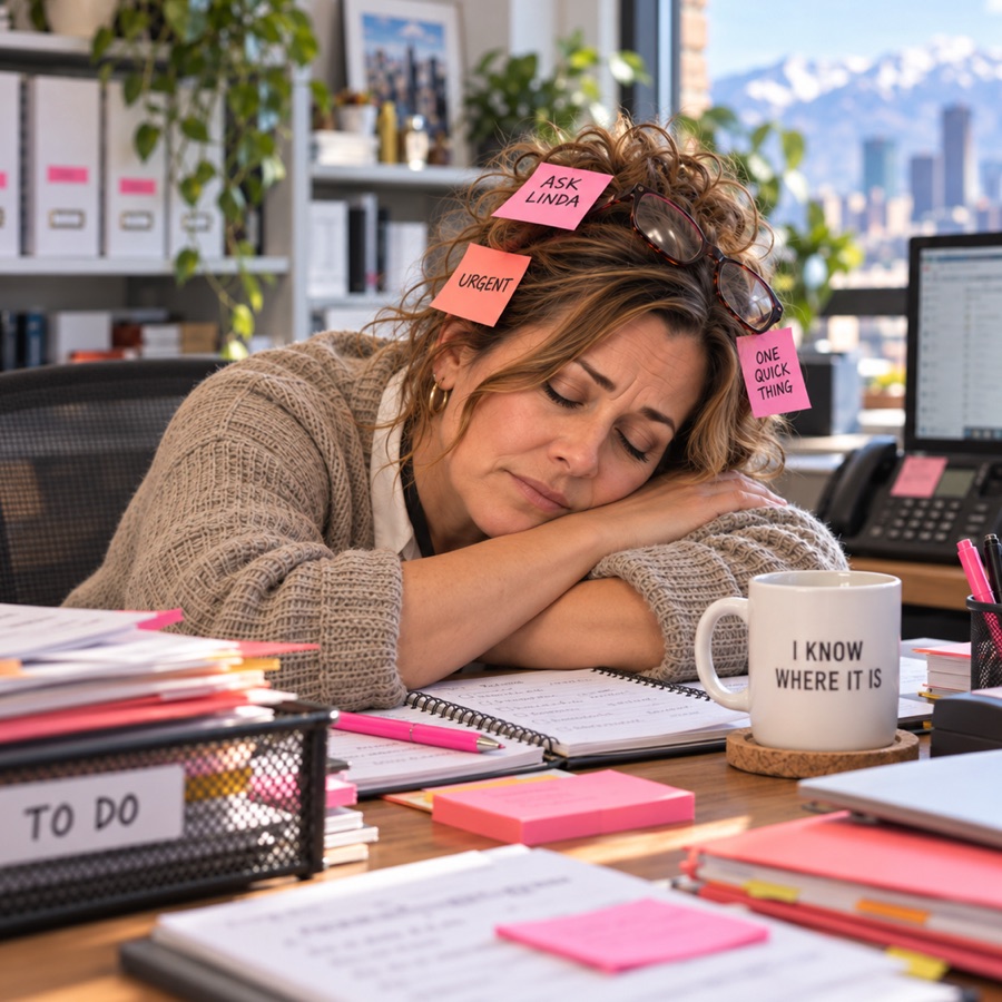 Linda, a fictional office manager, asleep at her desk with sticky notes in her hair: Ask Linda, Urgent, One quick thing